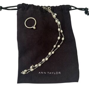 Ann Taylor delicate Silver tone necklace freshwater Pearl stations & ring set